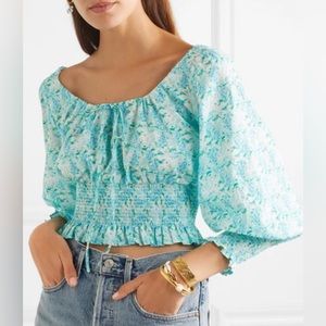 RIXO LONDON Helena Shirred Crop 
Top in Blue Italian Floral-Print ⭐️Brand New!💫